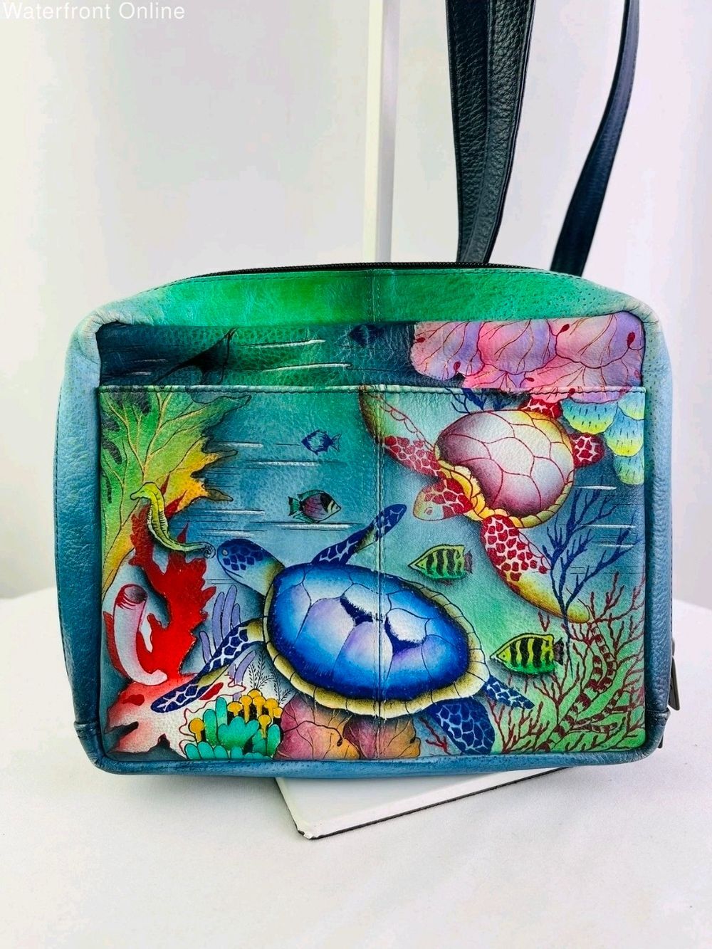Anuschka Hand Painted Leather Crossbody Turtle Reef Sea Turtle Ocean Bag